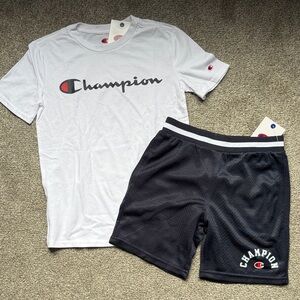Champion White Tee and Navy Mesh Shorts Set